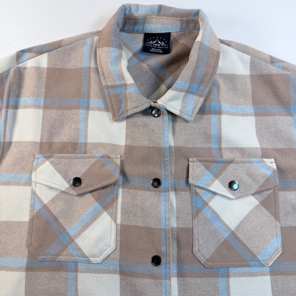 HFX Shacket Jacket Mens XXL Beige Blue Plaid Snap Front Wool Blend Overshirt